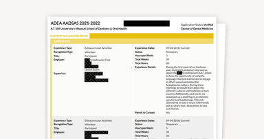 Example of an AADSAS Application-Activities Section