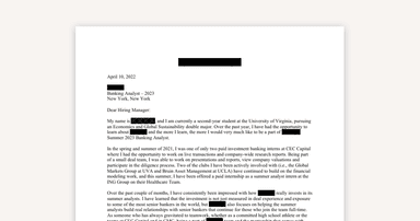 Investment Banking Cover Letter Example