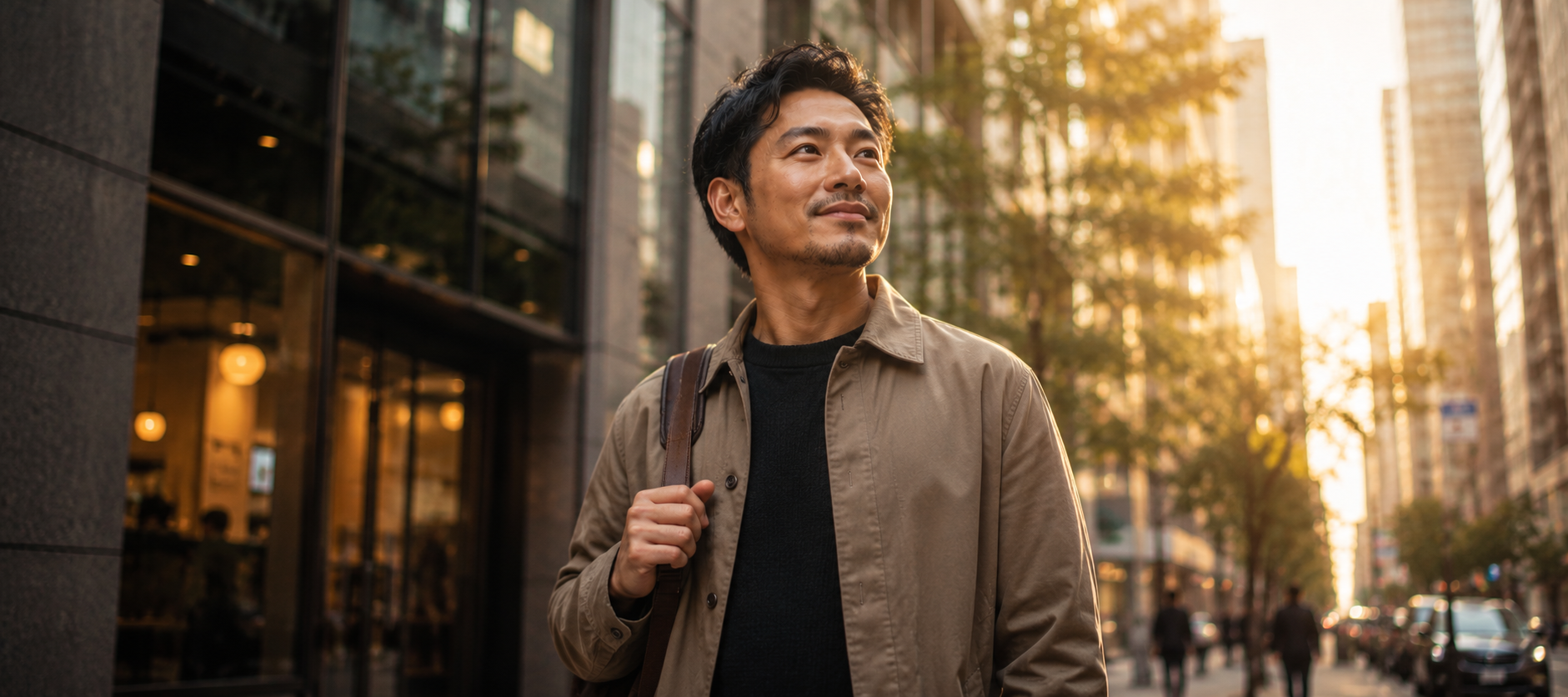A professional walking through a city at golden hour